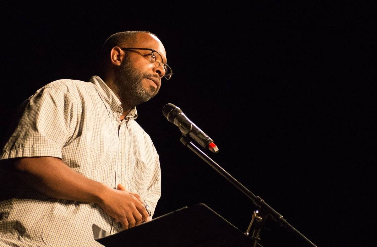 Michael Kleber-Diggs at July 13, 2016 Black Poets Speak Out event [credit: Tom Baker, MPR News, 2016]
